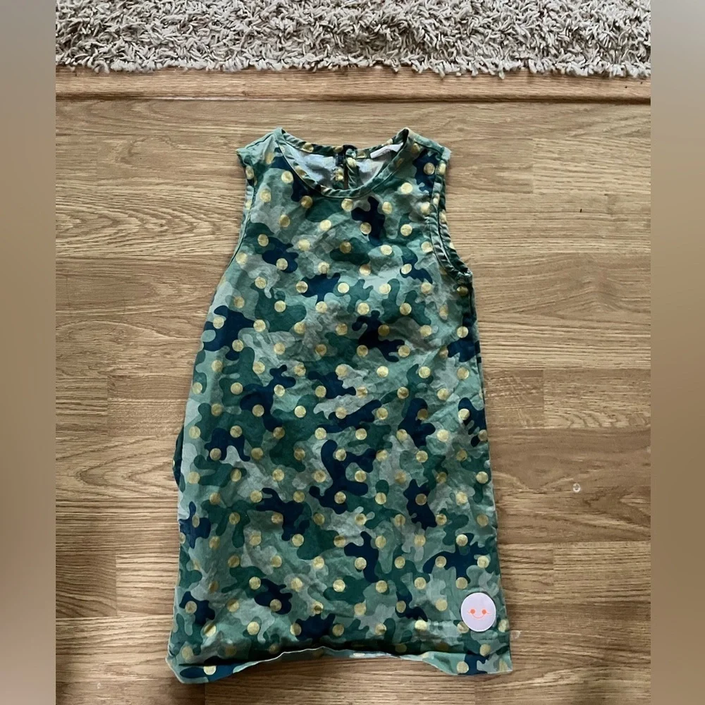 Smiling Button Polka Dot Dress Girls Green Camo Gold Tunic